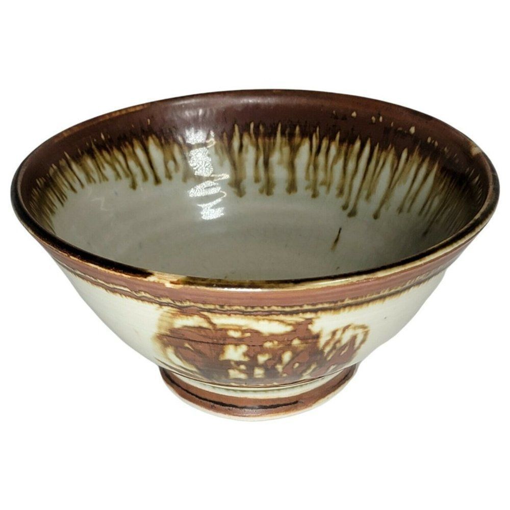 Louis Mideke Studio Pottery Long Drip Glaze Asian Serving Abstract Art Bowl